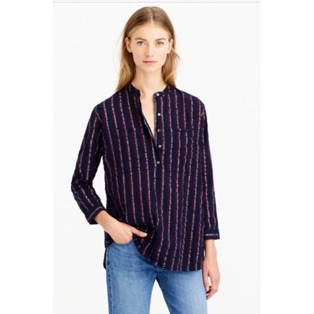 J Crew Metallic Stripe Popover Top Blouse Size 6